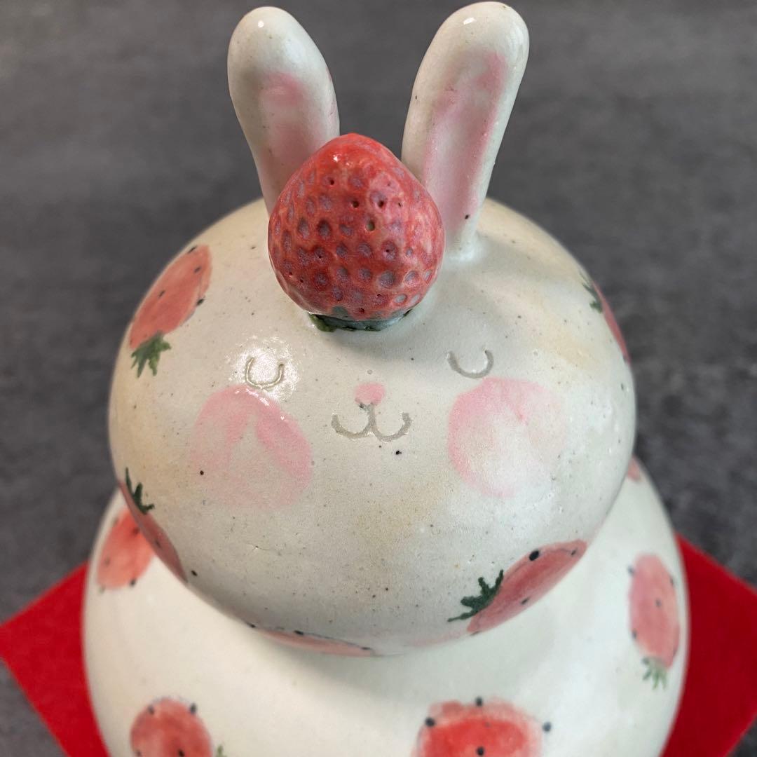 新品【やまぐちあさこ】粉引きイチゴうさぎの鏡餅(大)