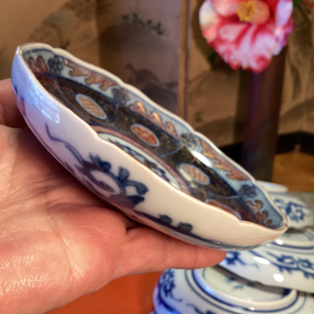 A1031 大聖寺伊万里　見込牡丹　丸紋に鳳凰　青海波　　小皿５枚