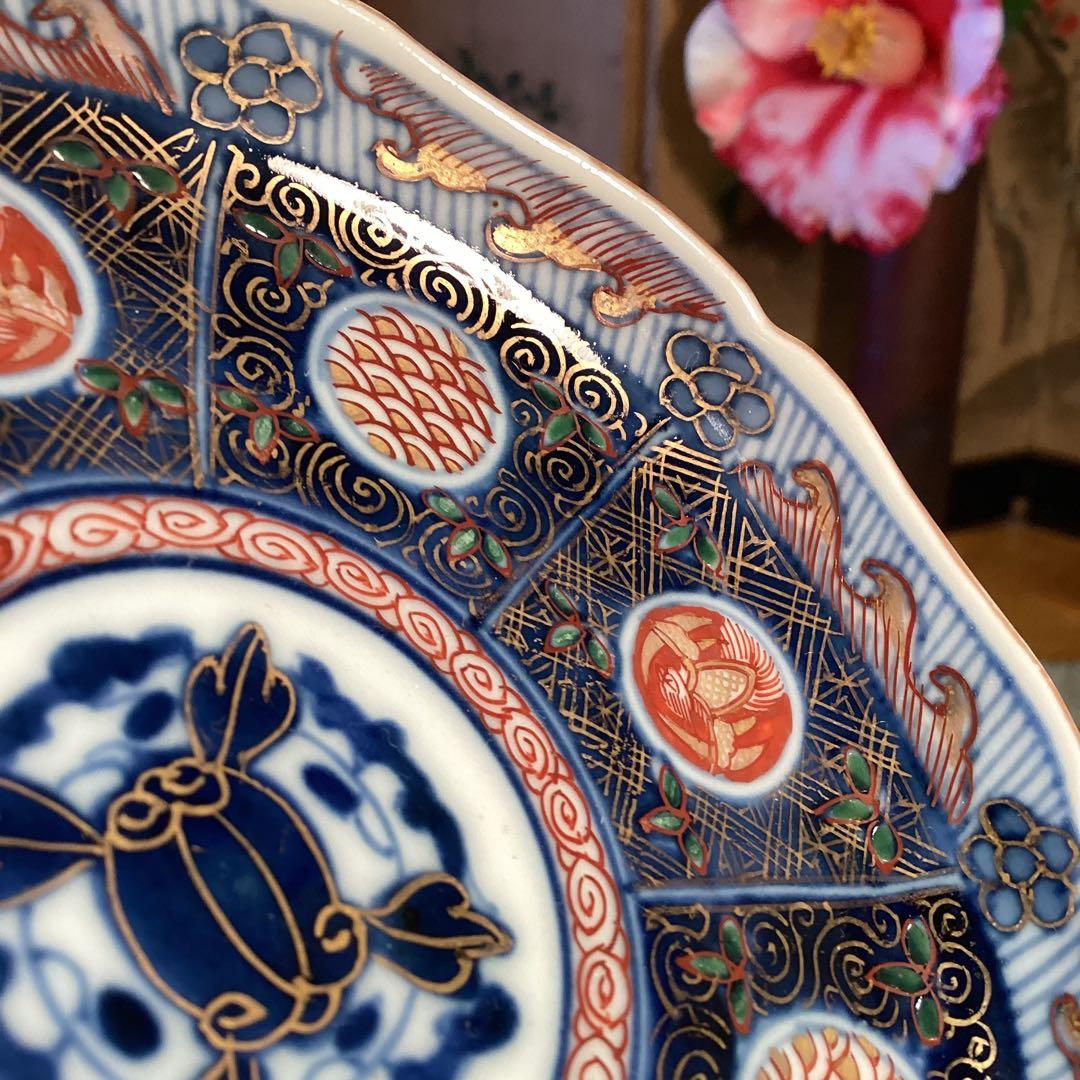 A1031 大聖寺伊万里　見込牡丹　丸紋に鳳凰　青海波　　小皿５枚