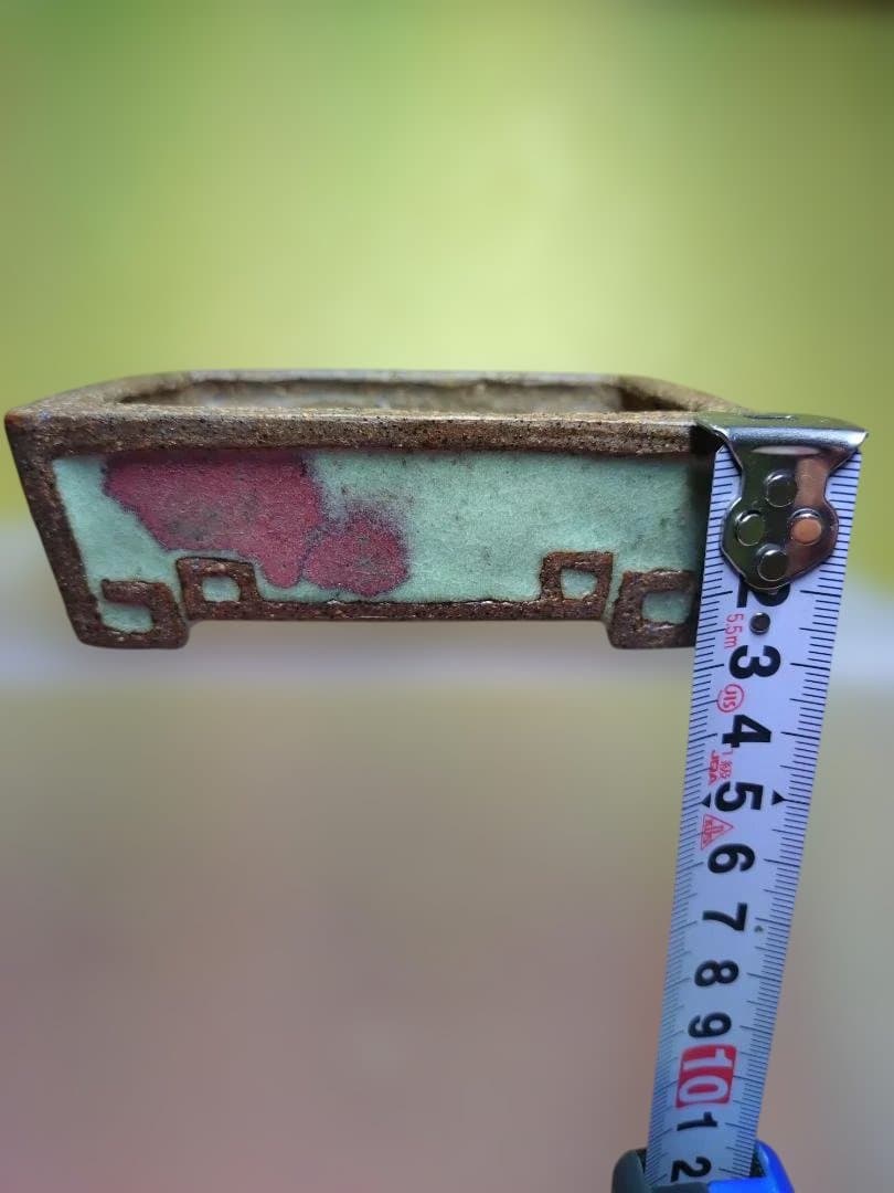 陶器製長方形プランター 青緑色と赤色の模様