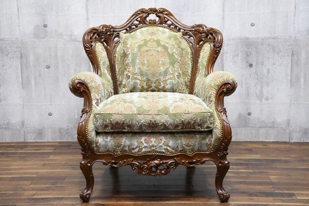 FAC29 イタリア製 ロココ様式 猫脚レリーフ 1人掛けソファ シングルソファ
