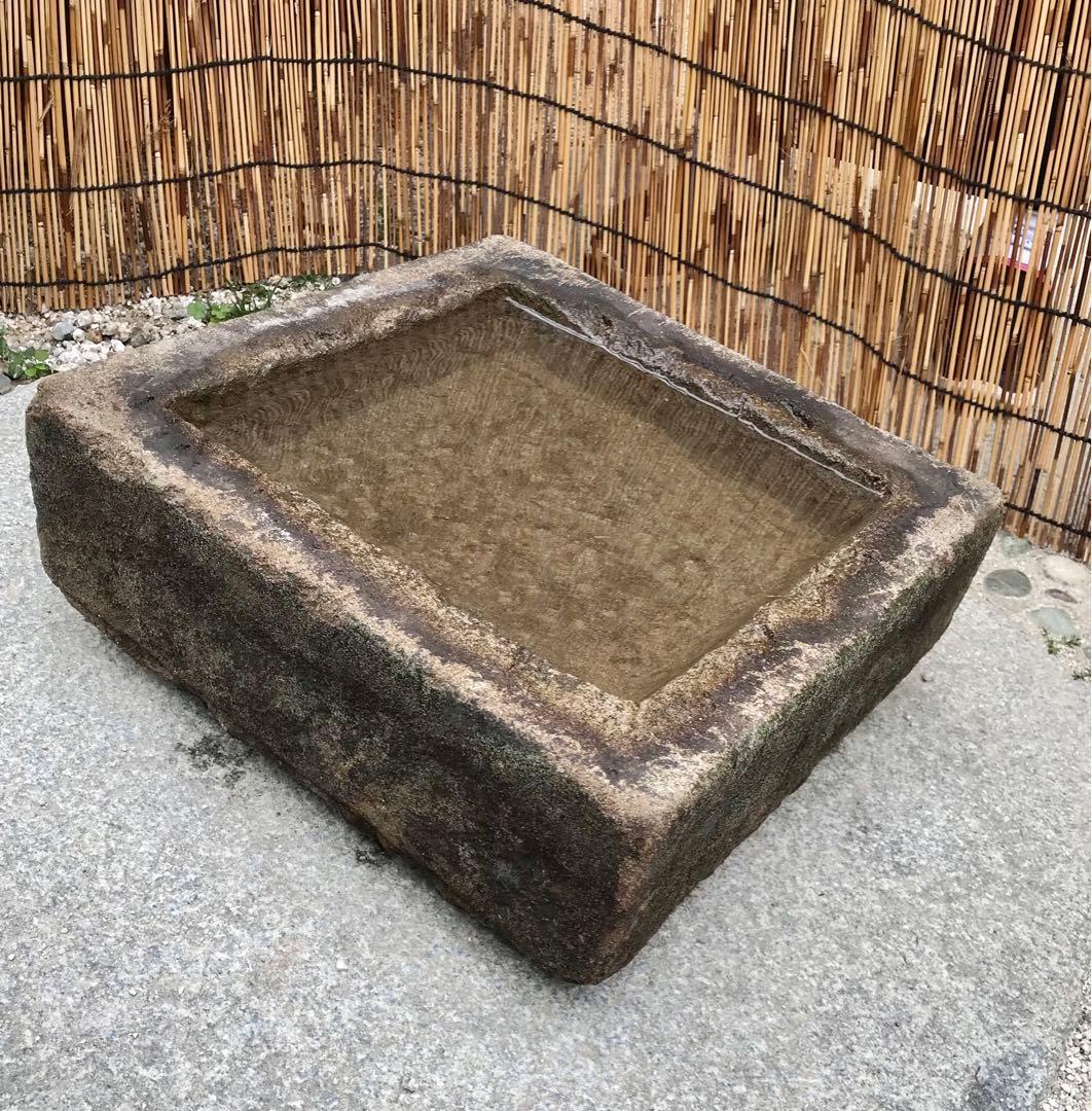 【天然石・四角型水鉢・手水鉢・蹲】庭石オブジェ置物ガーデニング造園坪庭バードバス