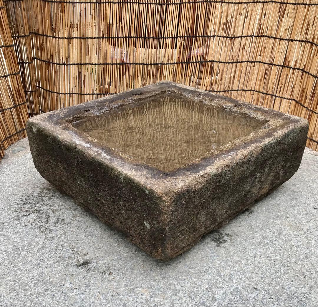 【天然石・四角型水鉢・手水鉢・蹲】庭石オブジェ置物ガーデニング造園坪庭バードバス