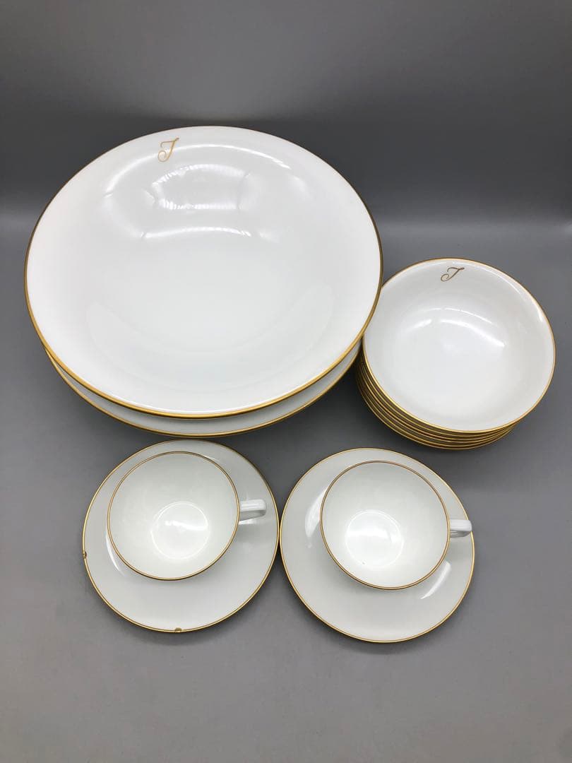 オークラ大倉陶園ゴールドラインイニシャルTカップソーサーボウル高台皿アンティーク