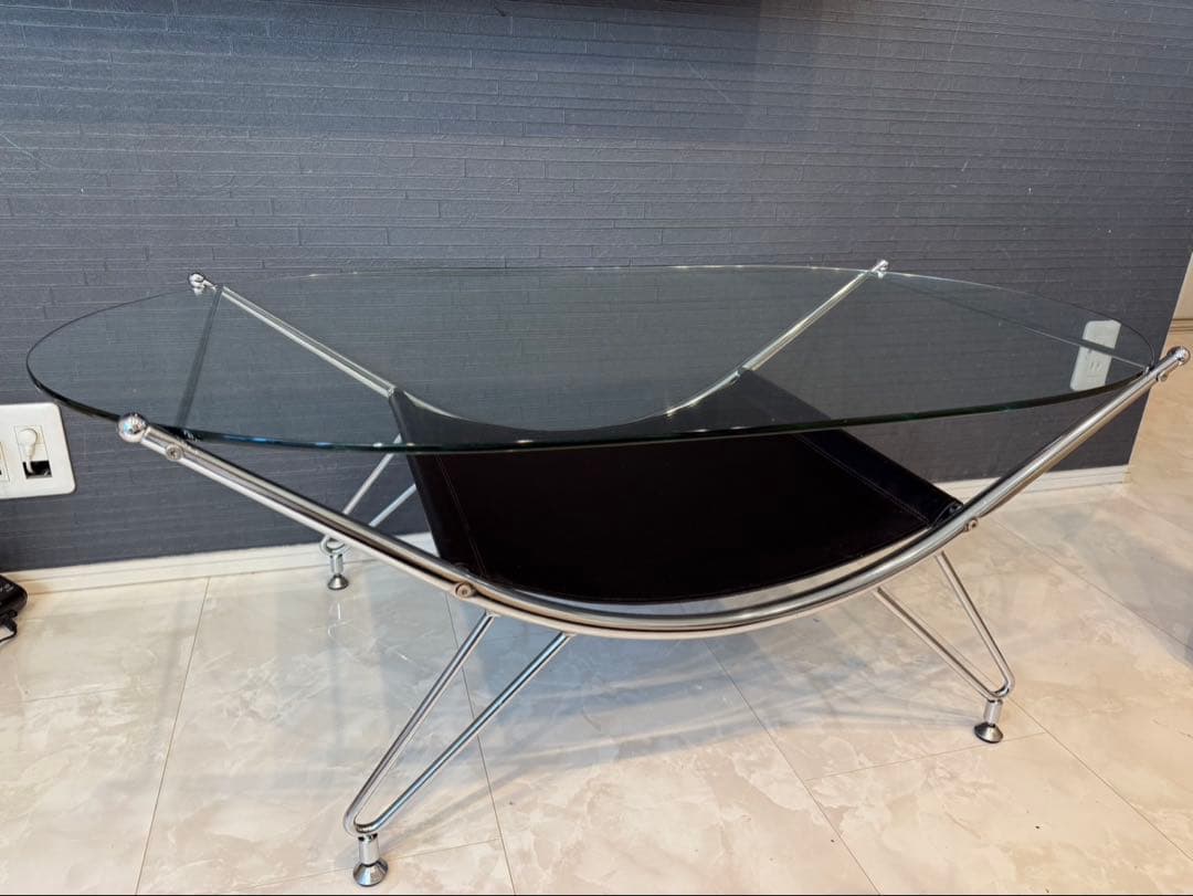 スペースエイジ ガラスローテーブル ヴィンテージ レザー ミッドセンチュリー