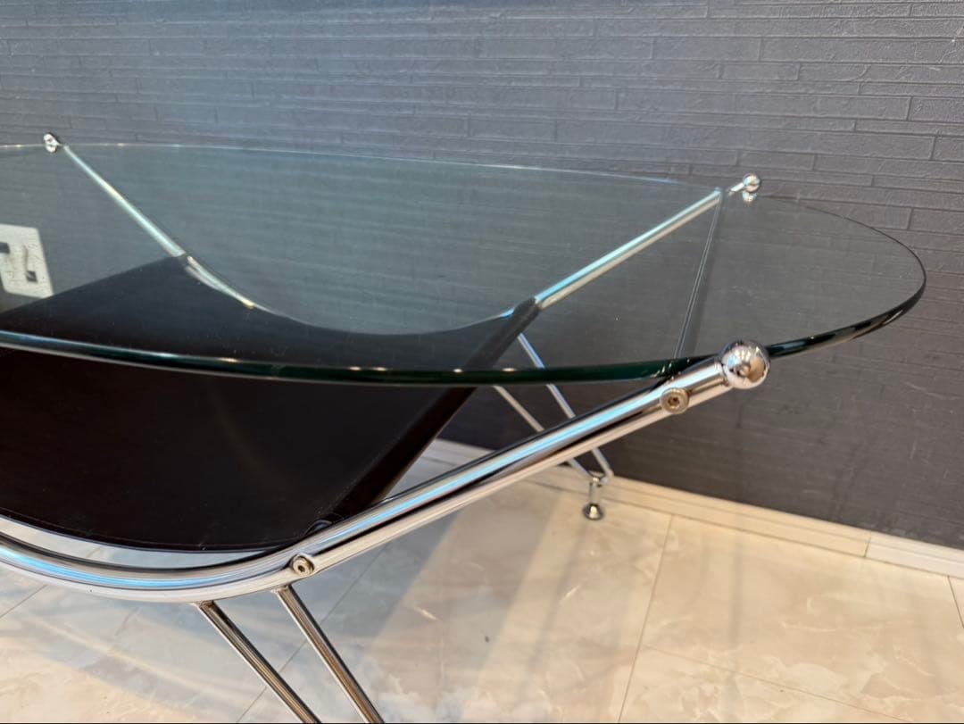 スペースエイジ ガラスローテーブル ヴィンテージ レザー ミッドセンチュリー