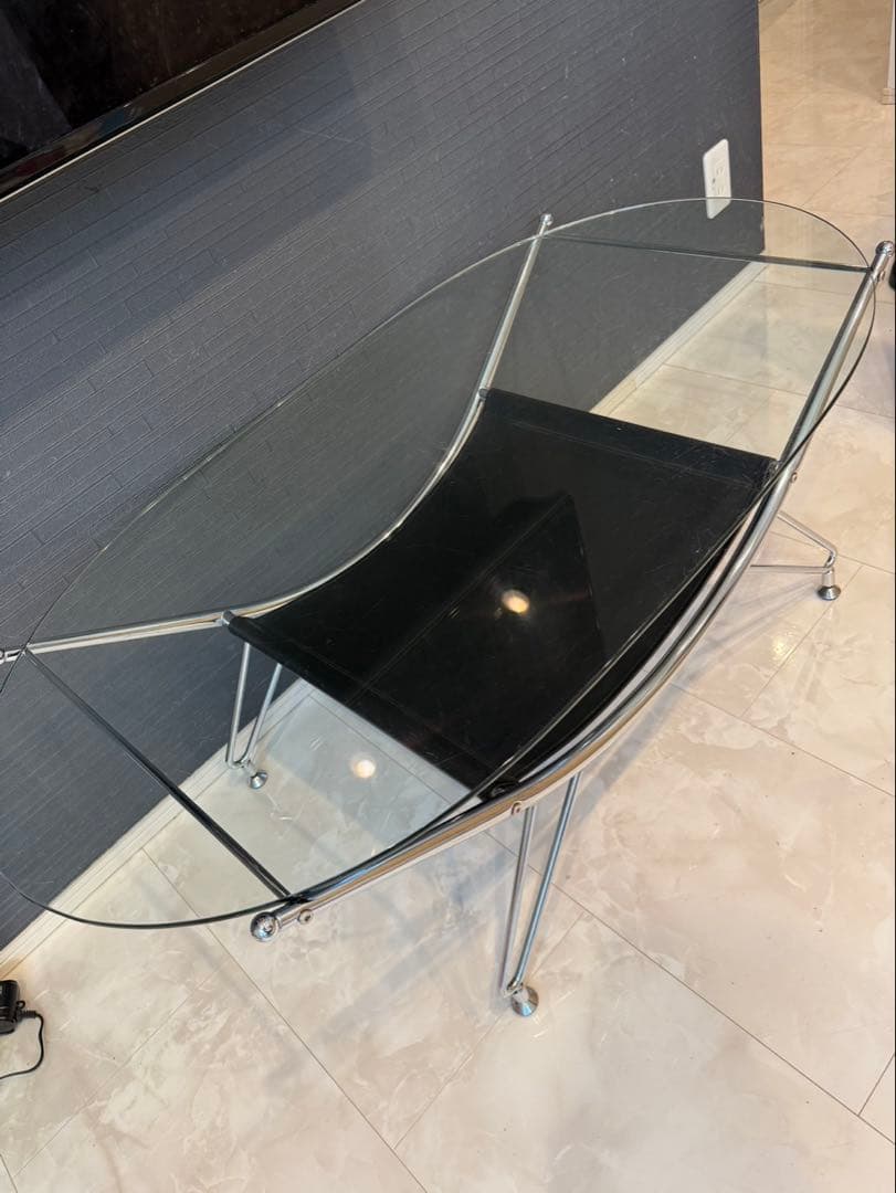 スペースエイジ ガラスローテーブル ヴィンテージ レザー ミッドセンチュリー