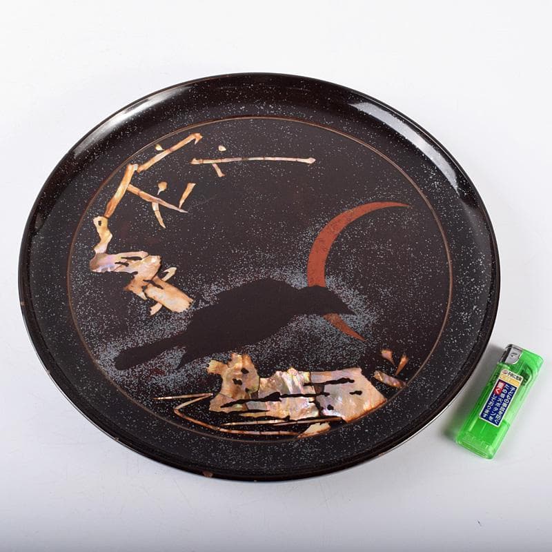 黒漆　螺鈿闇蒔絵　光琳月梅之図　闇鴉盆　時代箱付　V　3698B