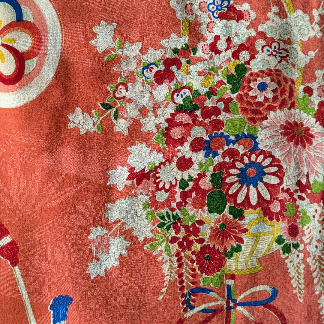7歳　レトロ正絹珊瑚色花籠　七五三　お着物・帯セット　アンティーク