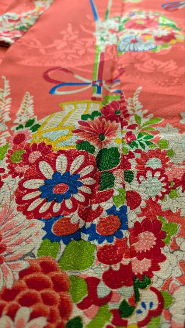 7歳　レトロ正絹珊瑚色花籠　七五三　お着物・帯セット　アンティーク