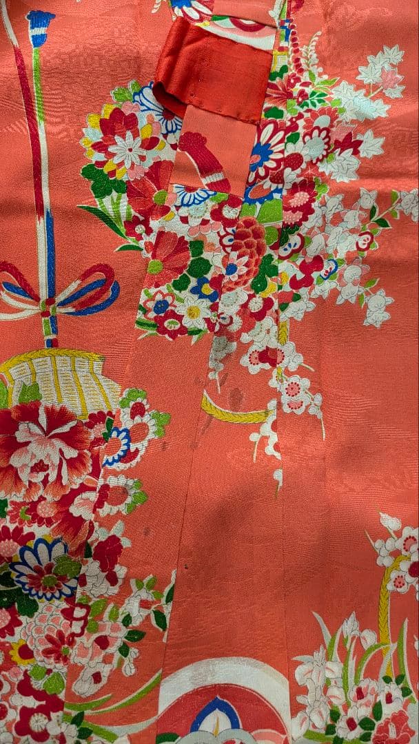 7歳　レトロ正絹珊瑚色花籠　七五三　お着物・帯セット　アンティーク