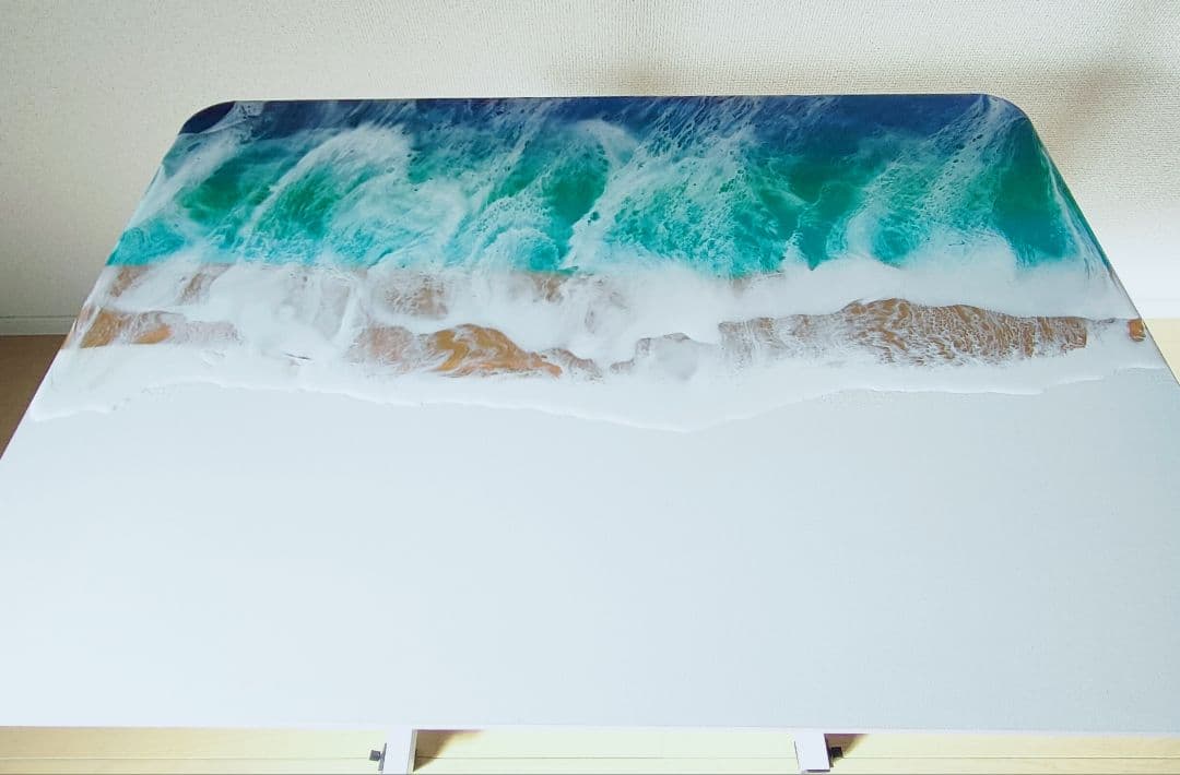 【訳あり】波デザイン昇降式テーブル　レジンテーブル　海アートテーブル