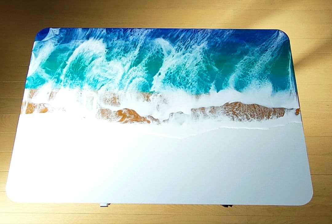 【訳あり】波デザイン昇降式テーブル　レジンテーブル　海アートテーブル