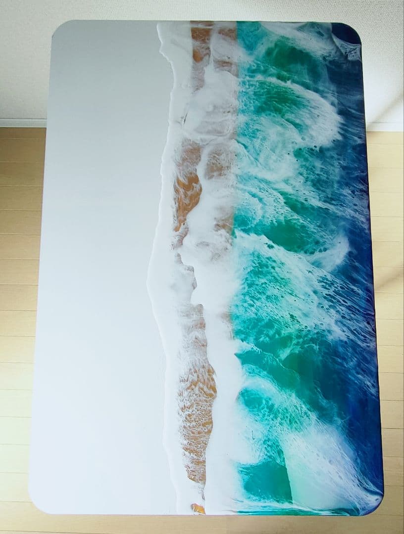 【訳あり】波デザイン昇降式テーブル　レジンテーブル　海アートテーブル