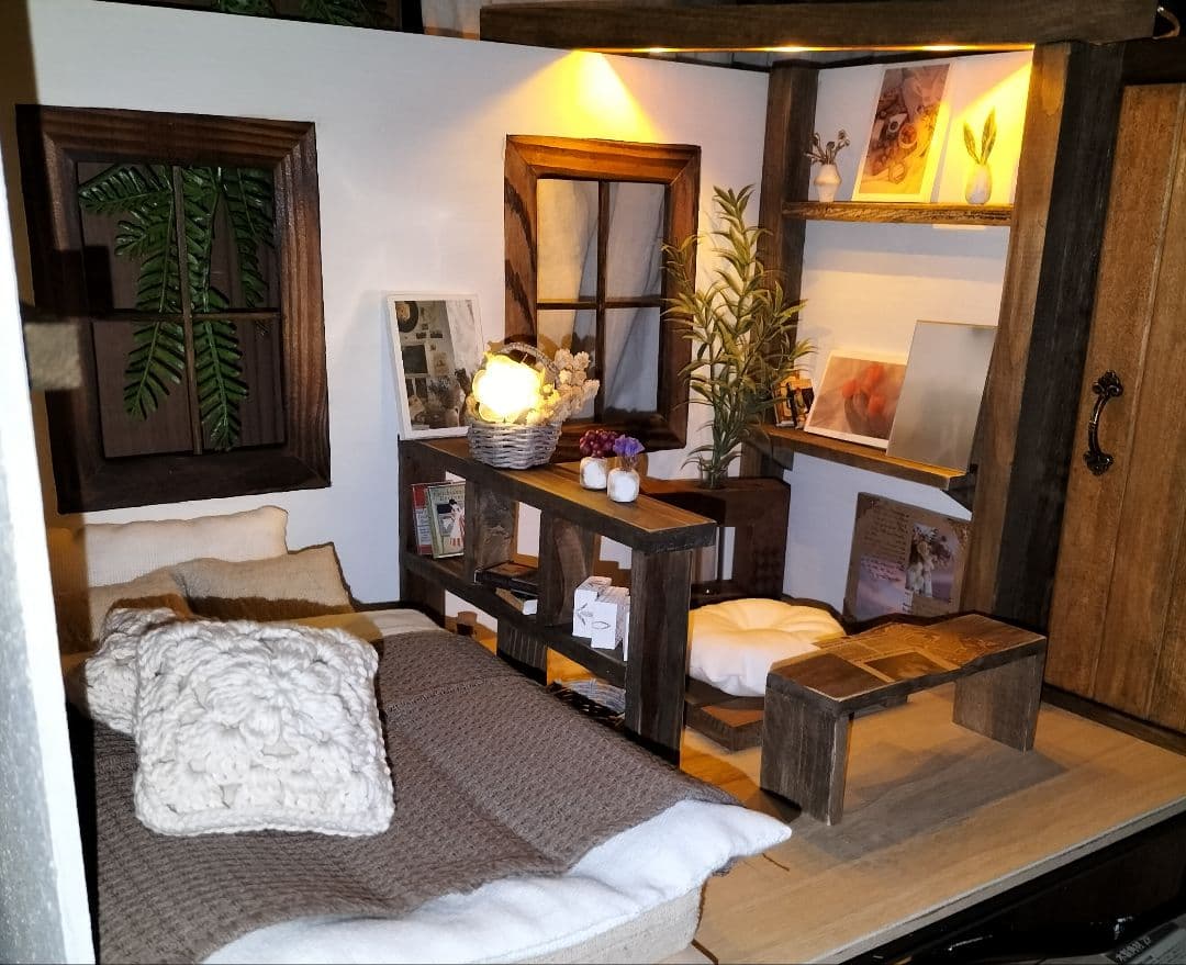 木製ドールハウス☆背景ボード☆ハンドメイド☆家具小物類一式セット