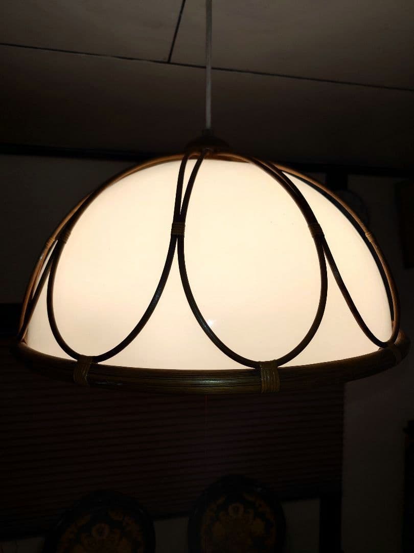 ラタン 電気傘 シーリングライト 天井照明 籐 木製 アンティーク 昭和