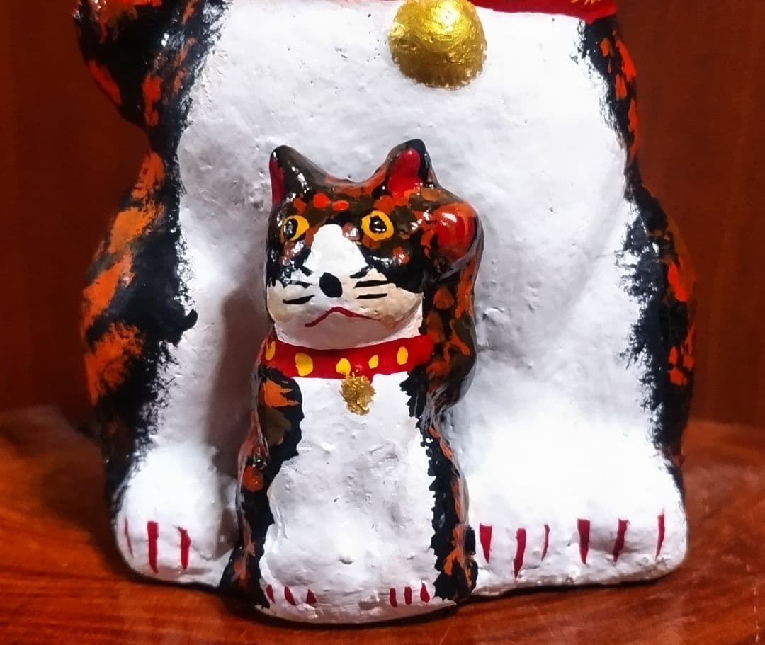 三河招き猫 親子猫 サビ猫＆クロ猫２点セット 土人形 美品