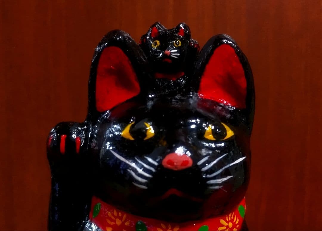 三河招き猫 親子猫 サビ猫＆クロ猫２点セット 土人形 美品