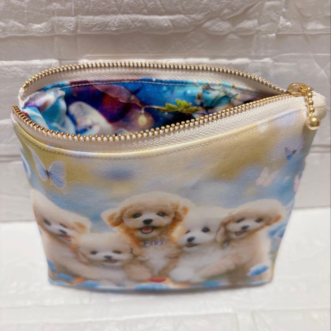 フラットポーチ　ハンドメイド　犬柄　トイプードル　ポーチ　両面パネル生