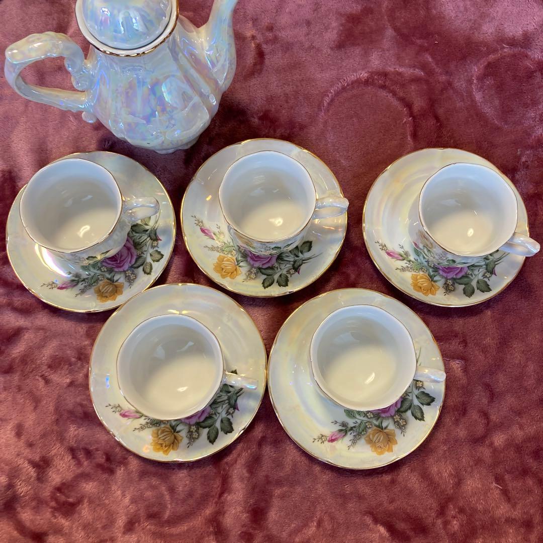 昭和レトロ オーロラ模様 花柄ティーセット（ティーポット・カップ5個