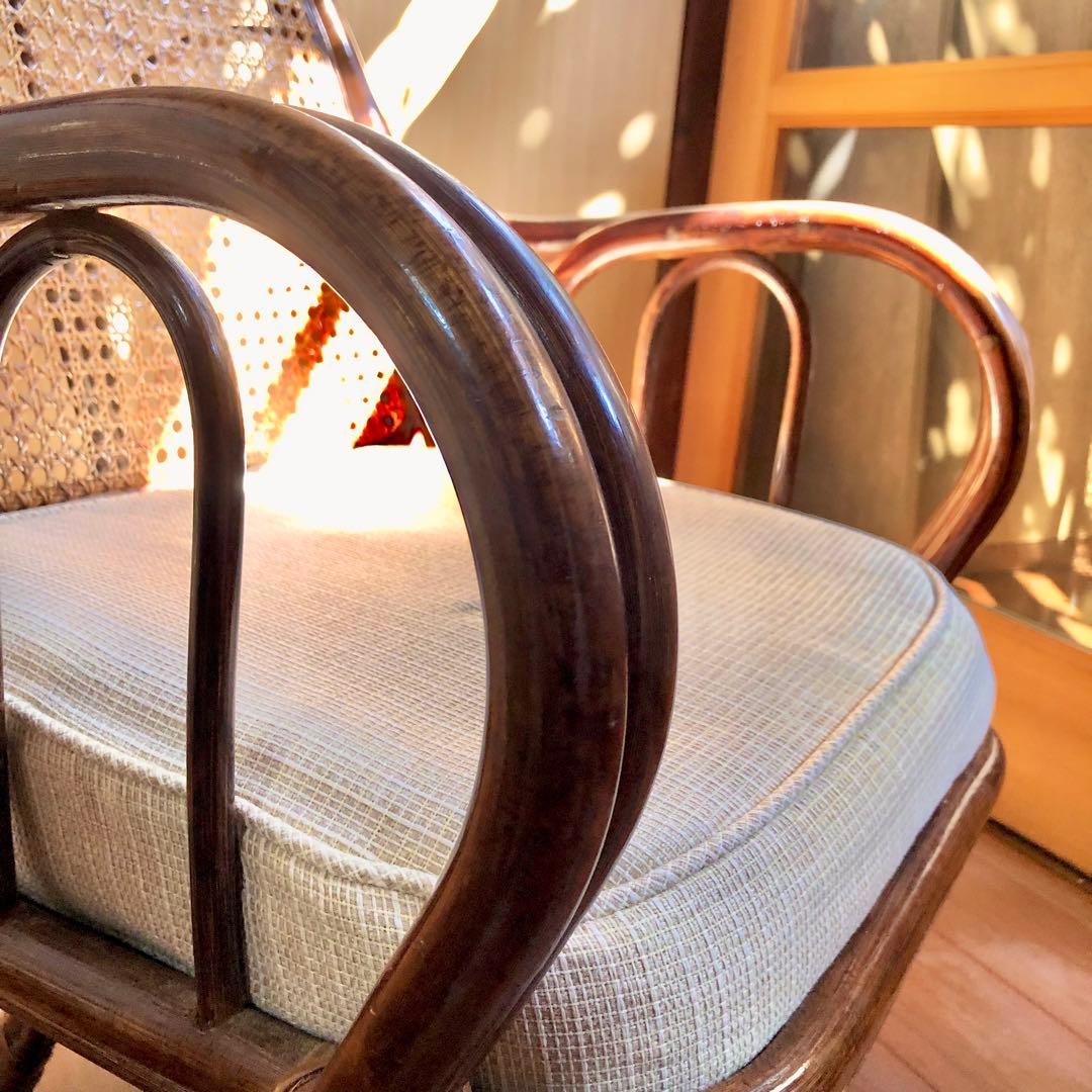 回転椅子ラタンチェア 籐 アジアンヴィンテージ アンティーク木製ブラウン 麻