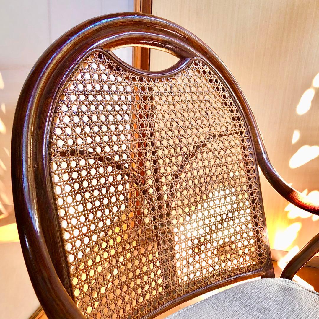 回転椅子ラタンチェア 籐 アジアンヴィンテージ アンティーク木製ブラウン 麻