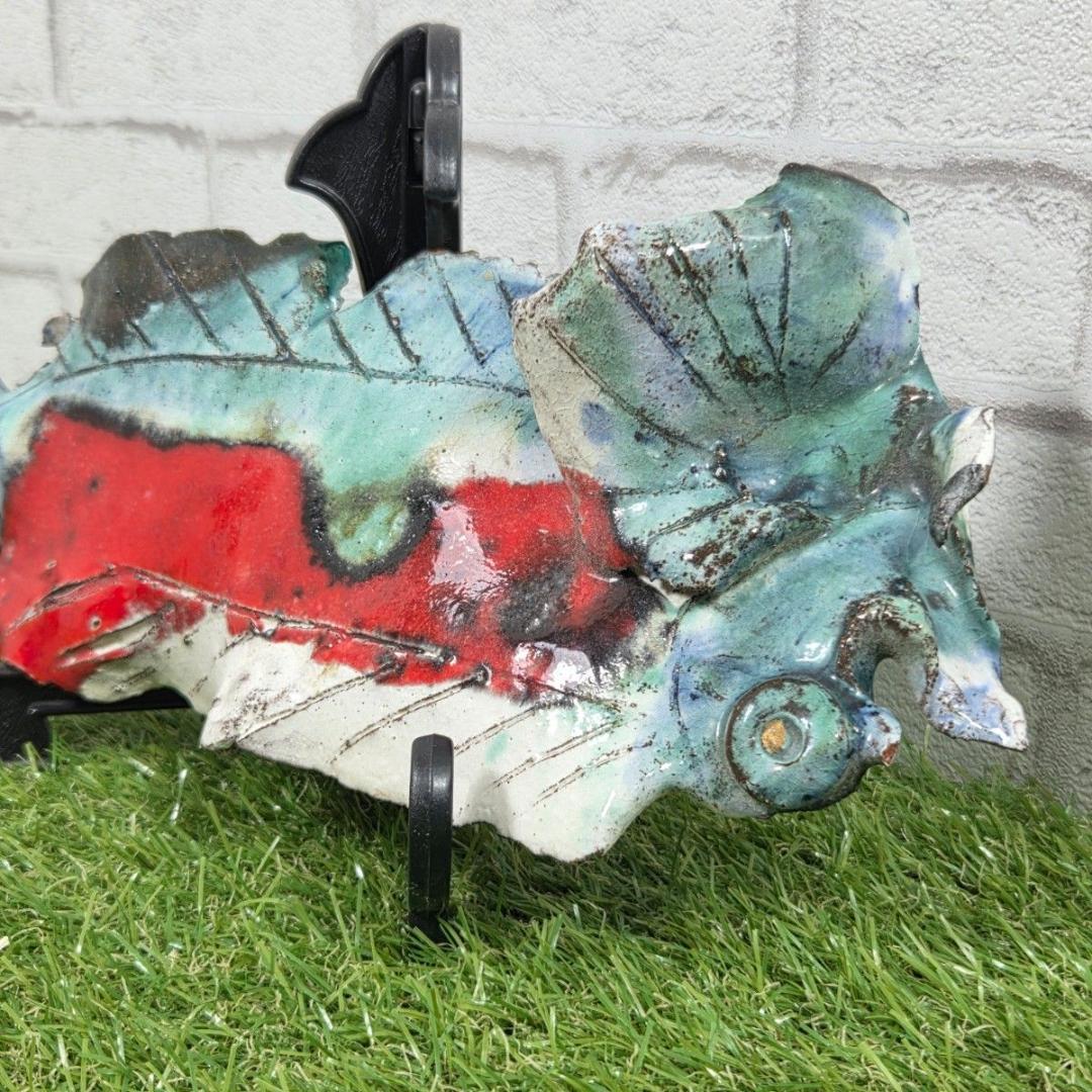 【陶板アート】抽象魚 壁掛け オブジェ 一点物 落款あり 陶器 インテリア