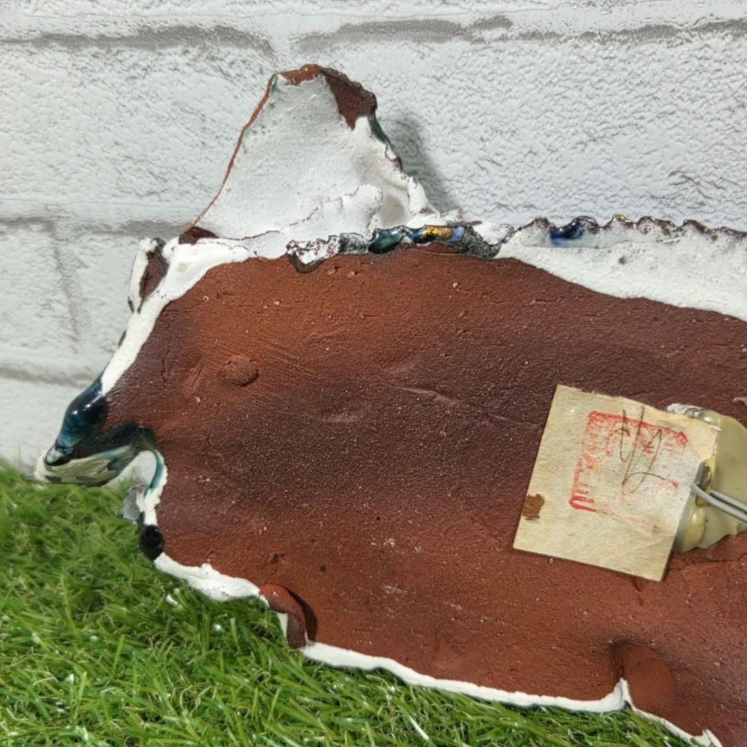 【陶板アート】抽象魚 壁掛け オブジェ 一点物 落款あり 陶器 インテリア