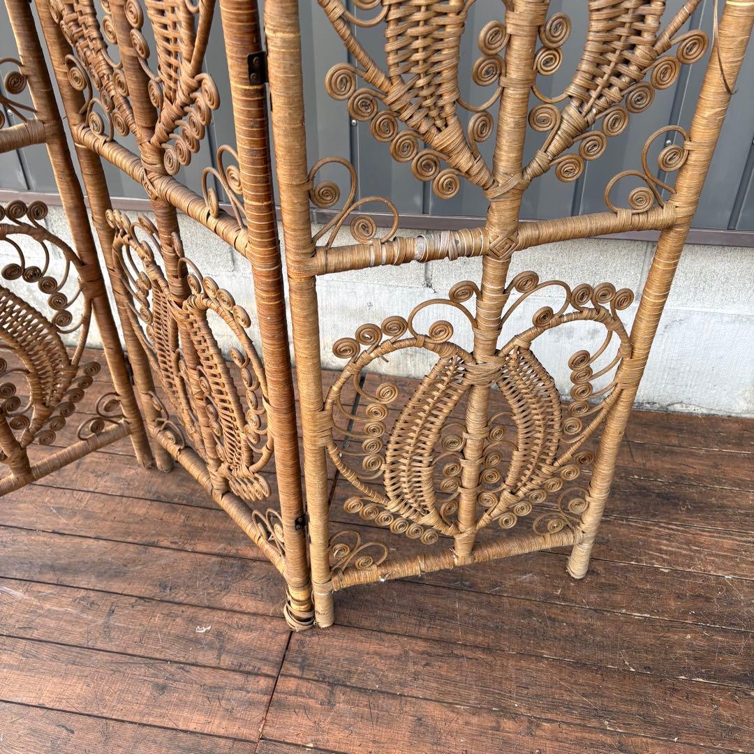 B2 昭和レトロ エスニック 3連 装飾ラタンパーテーション パーティション