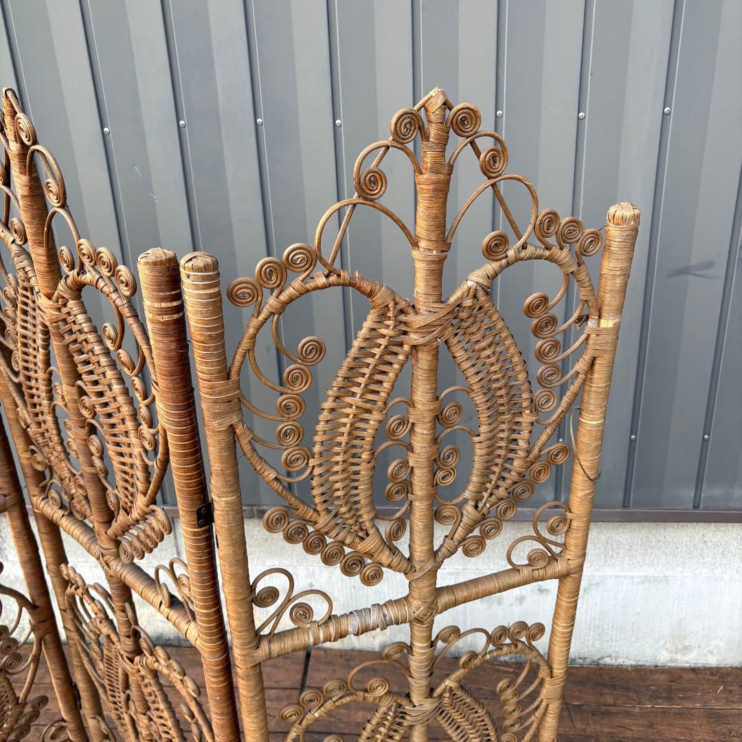 B2 昭和レトロ エスニック 3連 装飾ラタンパーテーション パーティション