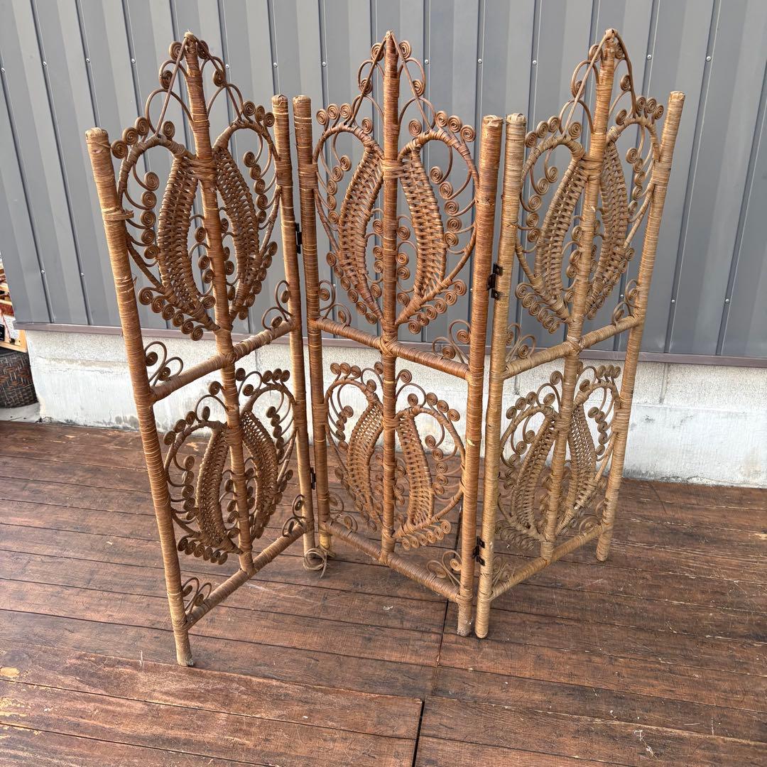 B2 昭和レトロ エスニック 3連 装飾ラタンパーテーション パーティション