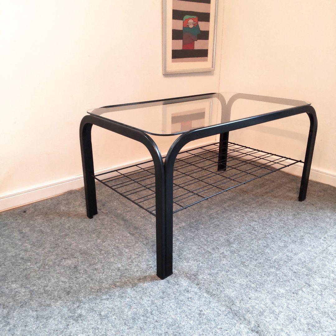 ヴィンテージ　ガラスコーヒーテーブル　昭和レトロ　網棚　メタルフレーム