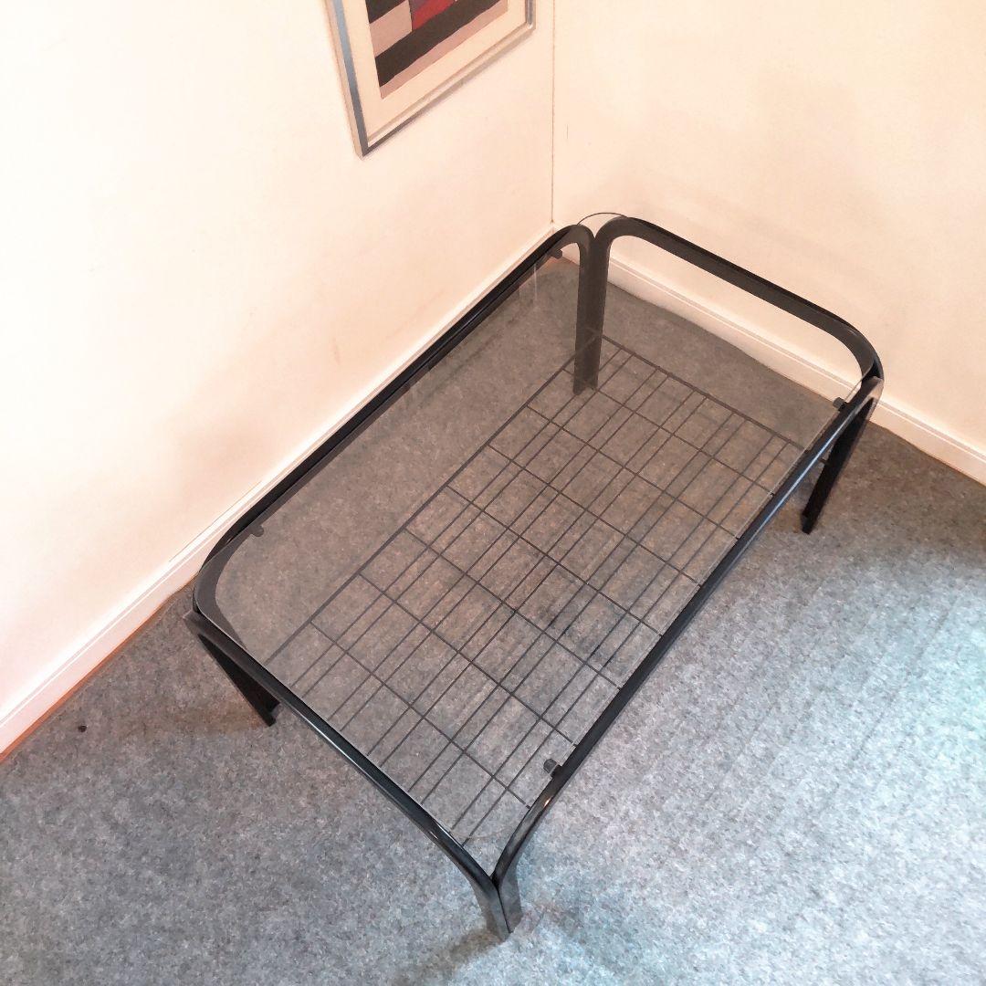 ヴィンテージ　ガラスコーヒーテーブル　昭和レトロ　網棚　メタルフレーム