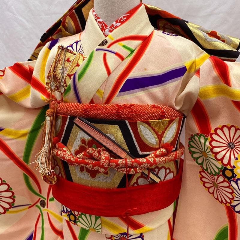 508ag9◎七五三 七歳 女児 アンティーク着物&丸帯 総柄 レトロ◎