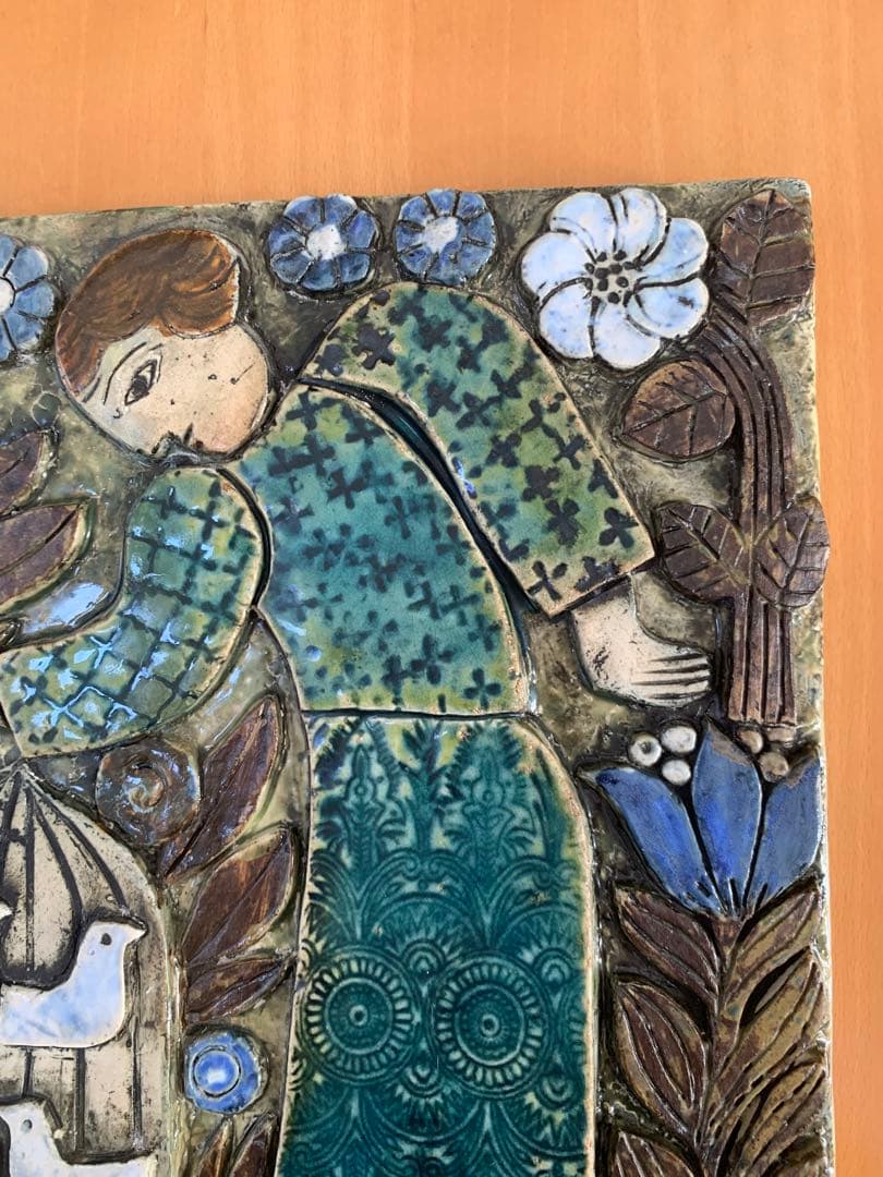 リサラーソン Kvinna med fagelbur 女性と鳥かご　陶板