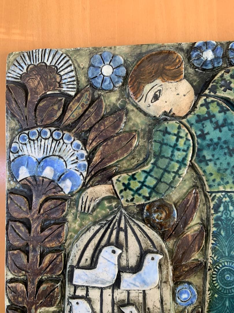 リサラーソン Kvinna med fagelbur 女性と鳥かご　陶板