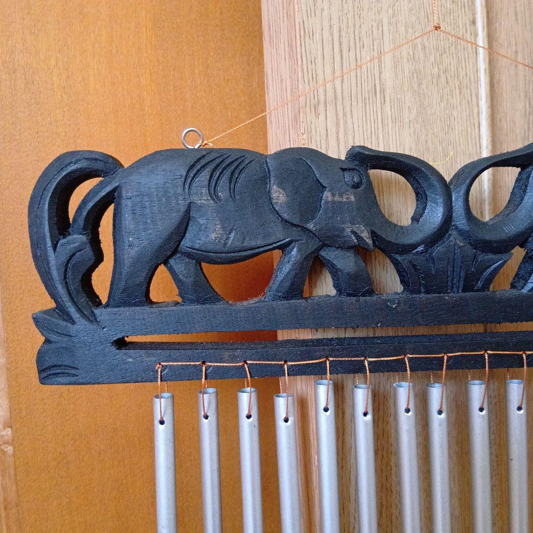 レア　希少　象　木彫り　ウィンドチャイム　玄関　ゾウ　木製　菅　ドアベル　黒