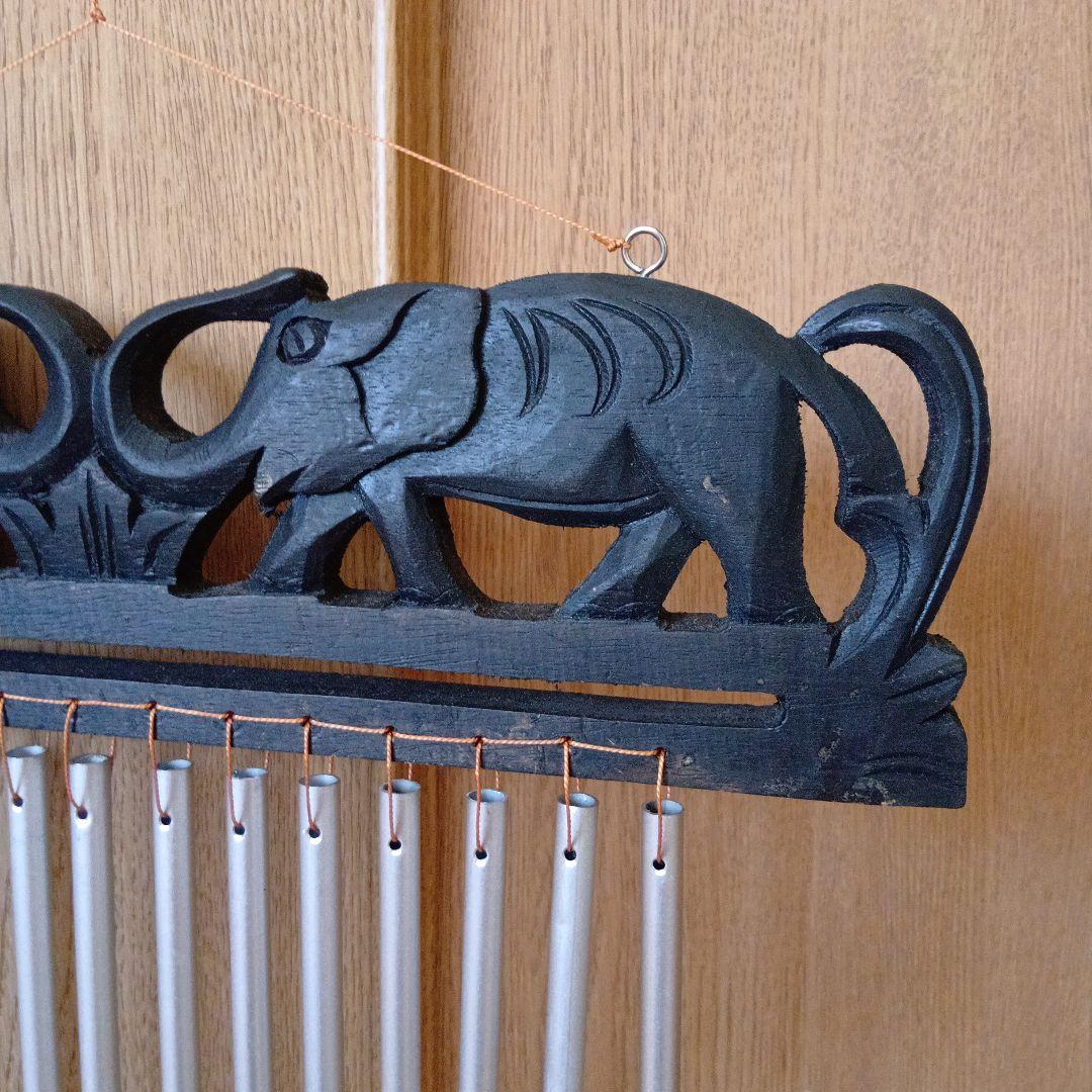 レア　希少　象　木彫り　ウィンドチャイム　玄関　ゾウ　木製　菅　ドアベル　黒
