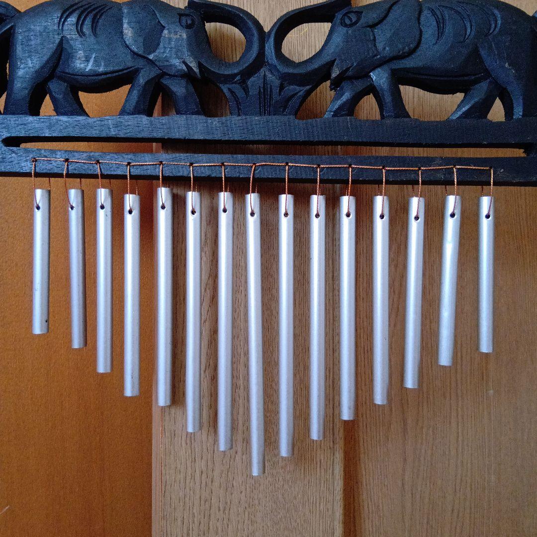 レア　希少　象　木彫り　ウィンドチャイム　玄関　ゾウ　木製　菅　ドアベル　黒