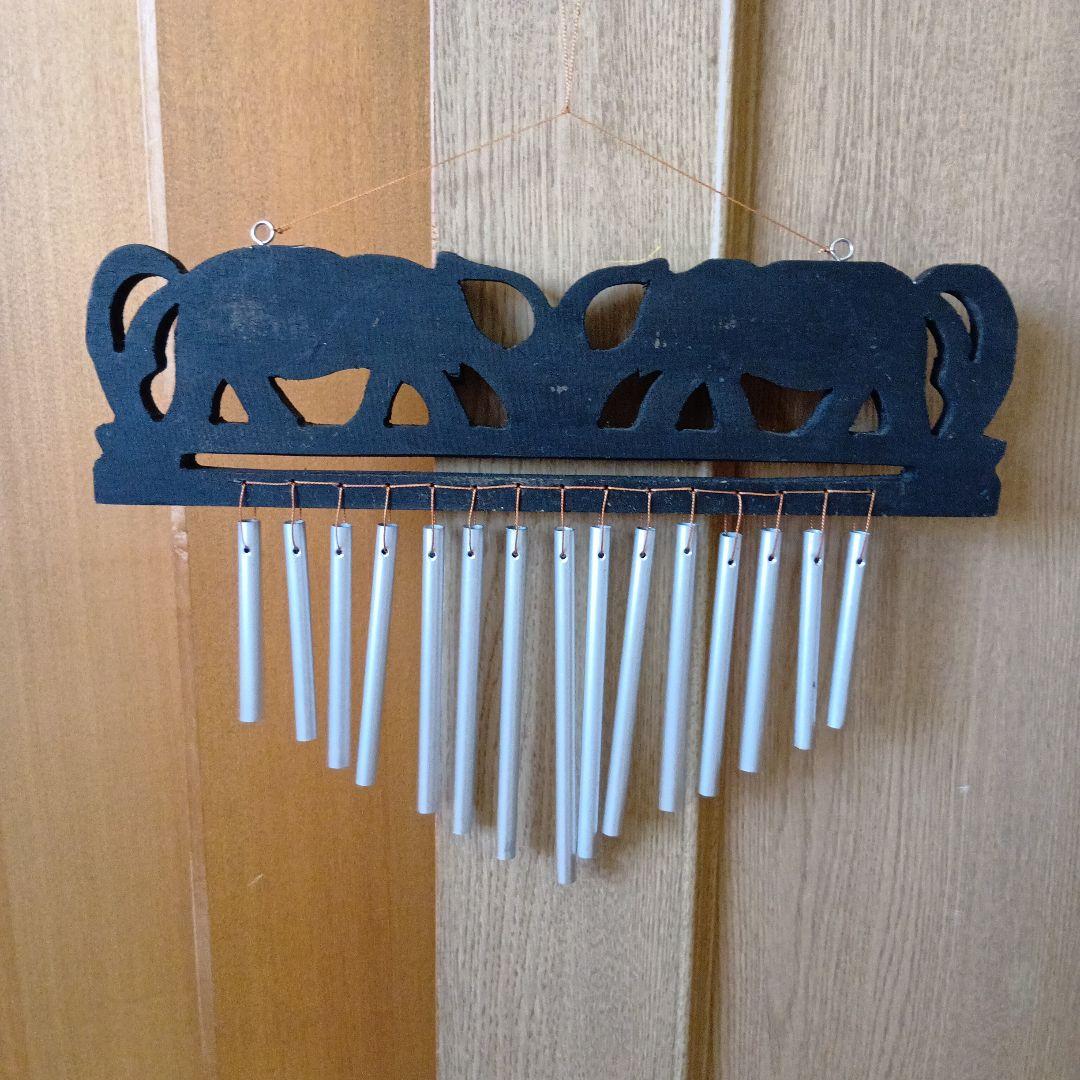 レア　希少　象　木彫り　ウィンドチャイム　玄関　ゾウ　木製　菅　ドアベル　黒