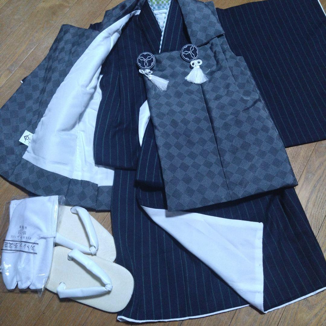 男の子3歳★グレー×紺★被布＆着物＆雪駄