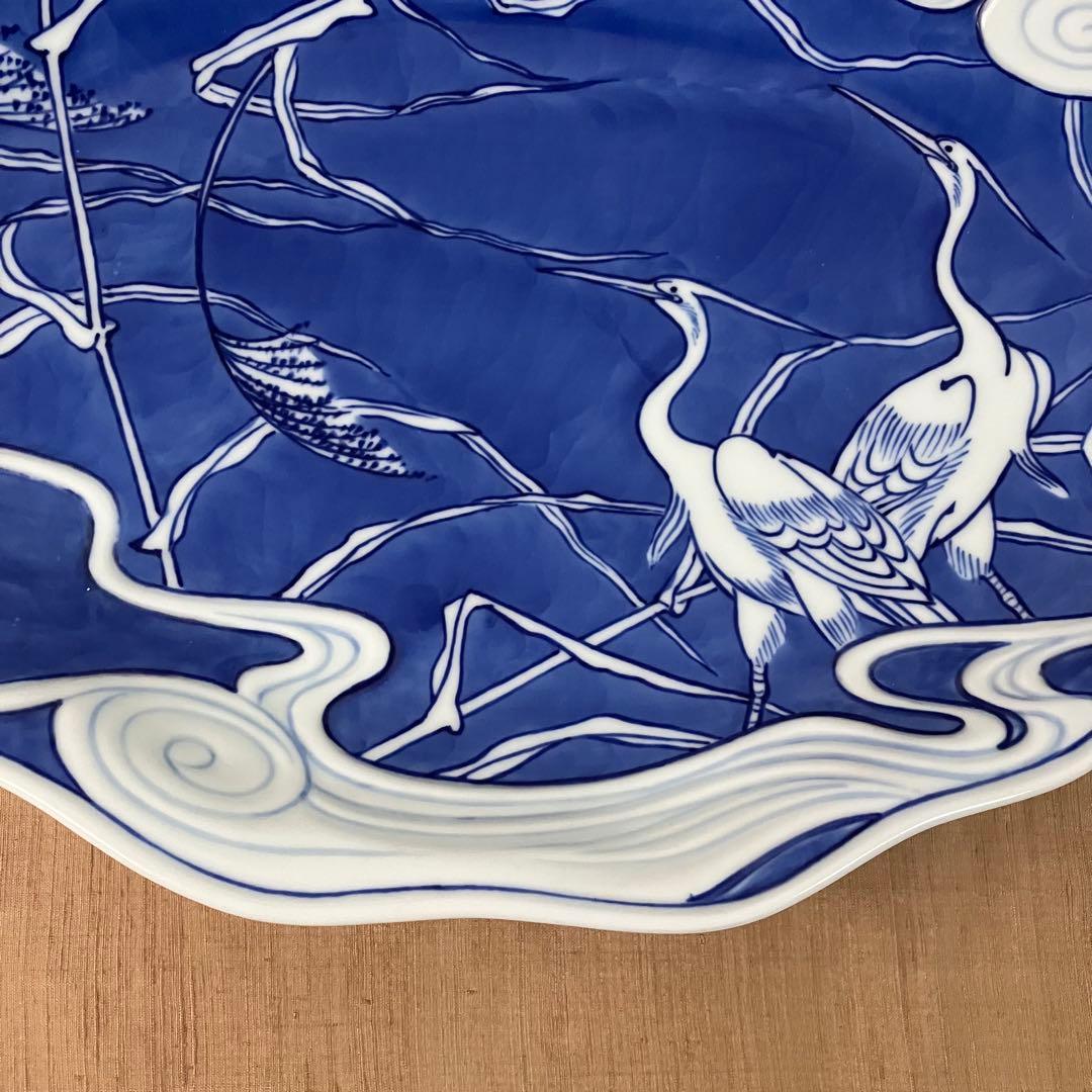 辻精磁社　14代　辻常陸　大皿　染付流水白鷺文　飾り皿 有田焼　辻製