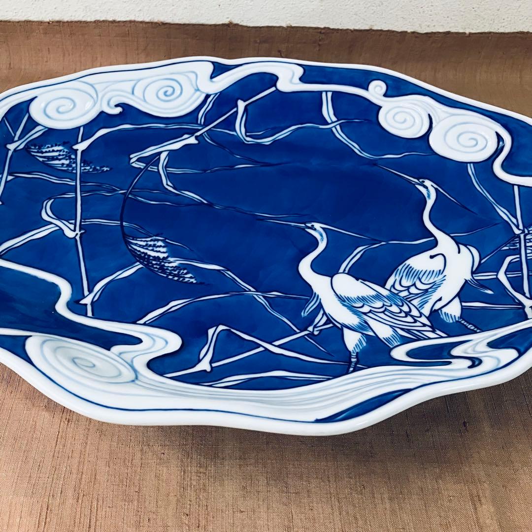 辻精磁社　14代　辻常陸　大皿　染付流水白鷺文　飾り皿 有田焼　辻製