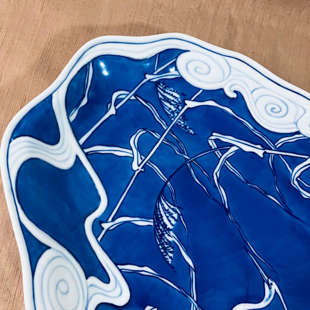 辻精磁社　14代　辻常陸　大皿　染付流水白鷺文　飾り皿 有田焼　辻製