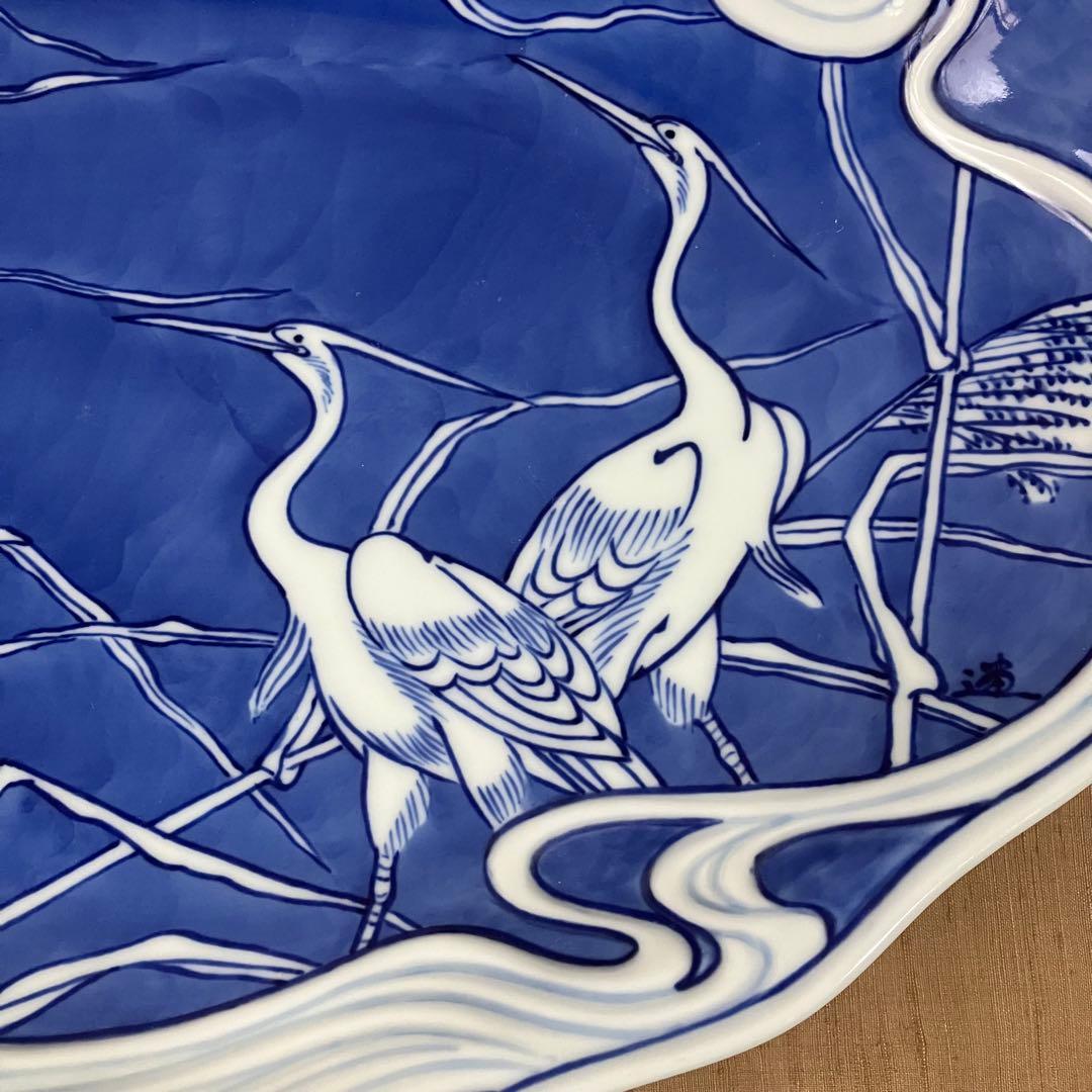 辻精磁社　14代　辻常陸　大皿　染付流水白鷺文　飾り皿 有田焼　辻製