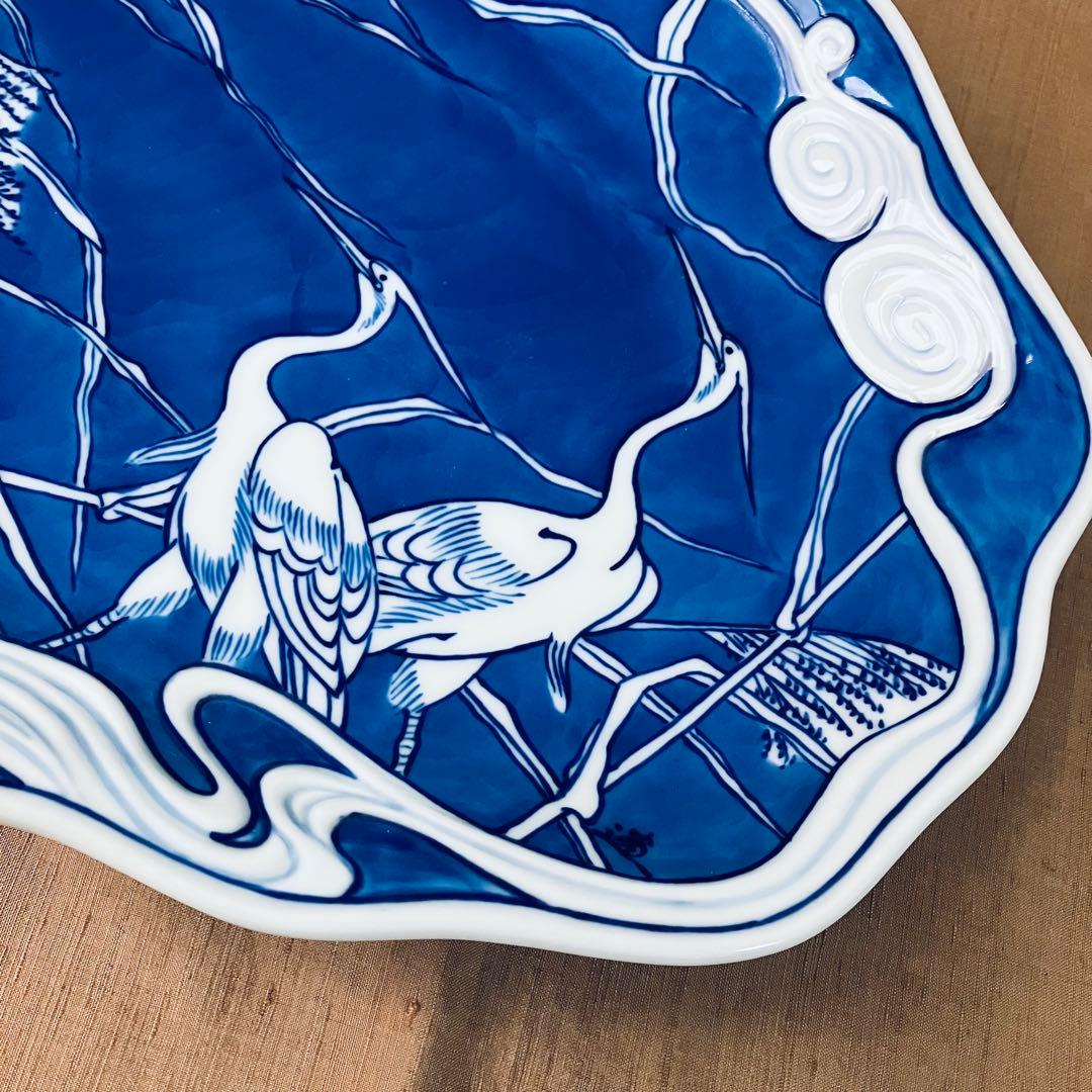 辻精磁社　14代　辻常陸　大皿　染付流水白鷺文　飾り皿 有田焼　辻製