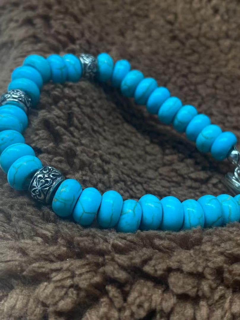 トルコ石風ブレスレット シルバーアクセント ユニセックス ヴィンテージ風