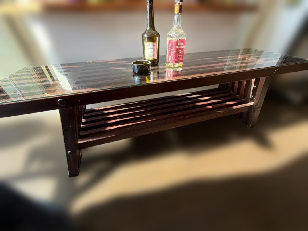 和モダン 木製 ガラステーブル ローテーブル 格子デザイン 古家具 店舗什器