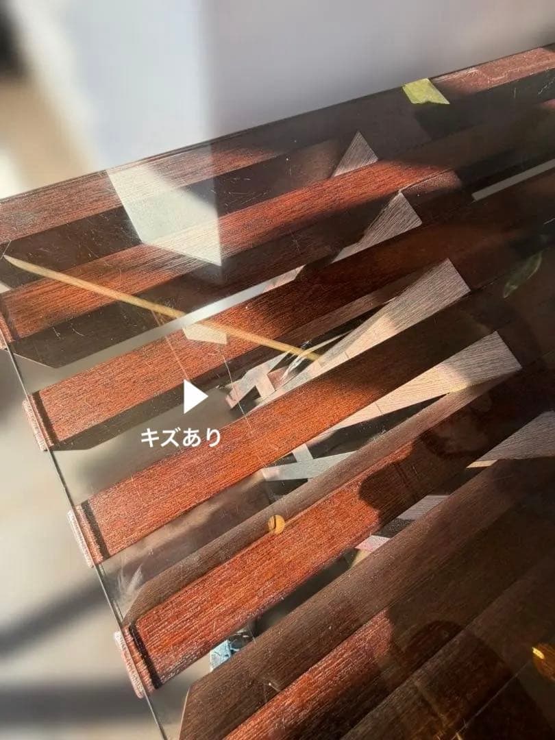 和モダン 木製 ガラステーブル ローテーブル 格子デザイン 古家具 店舗什器