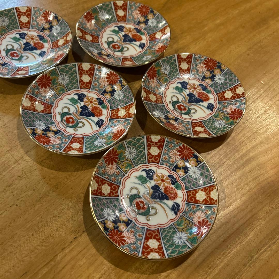 未使用品　有田焼　陶扇　小皿5枚揃え　銘々皿　錦絵　赤絵　金彩
